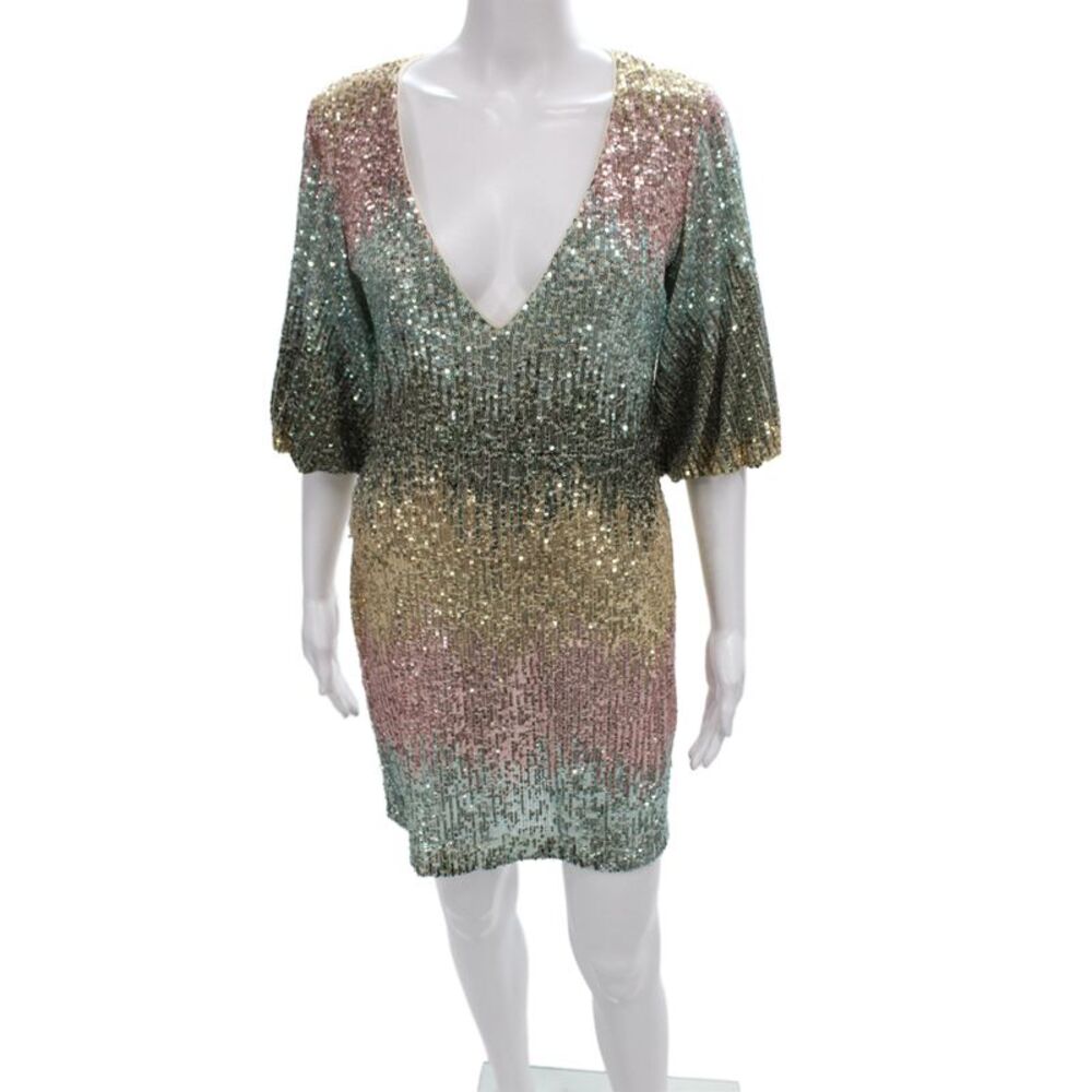 One 33 Social Women Sequin Striped V Neck Mini Dress Half Sleeve Knee Size 3